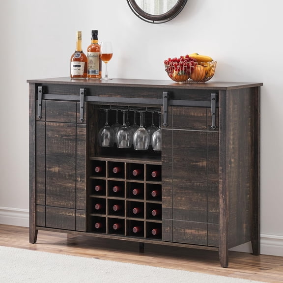 Kojooin Farmhouse-Style Coffee Bar Counter with Storage Space, 47-Inch Wine Cabinet with Sliding Barn Doors, Sideboard with 16-Bottle Wine Rack, Suitable for Dining Room and Living Room