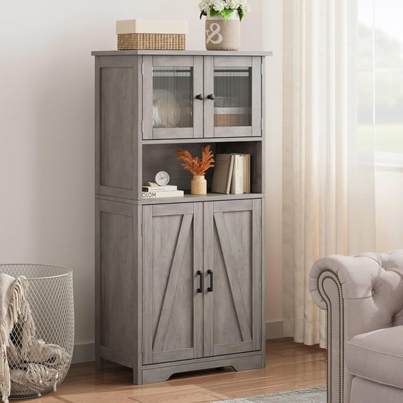 Kojooin Farmhouse-Style Kitchen Storage Unit, 50 Inches Tall, Freestanding Design with 4 Doors and Adjustable Shelves, Suitable for Kitchens Or Living Rooms