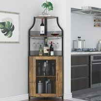 Kojooin Farmhouse Wine Bar Corner Cabinet with Storage, Small Buffet Sideboard with Detachable Rack and Buffet Mesh Door, Glass Rack, Liquor Coffee Bar Cupboard for Kitchen, Dining Room