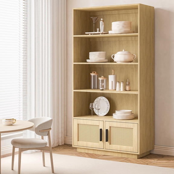 Kojooin Five-Tier Bohemian-Style Rattan Door Bookshelf, Wooden Storage Bookshelf, Tall Open Bookshelf, Suitable for Living Room, Bedroom, Home Office and Kitchen