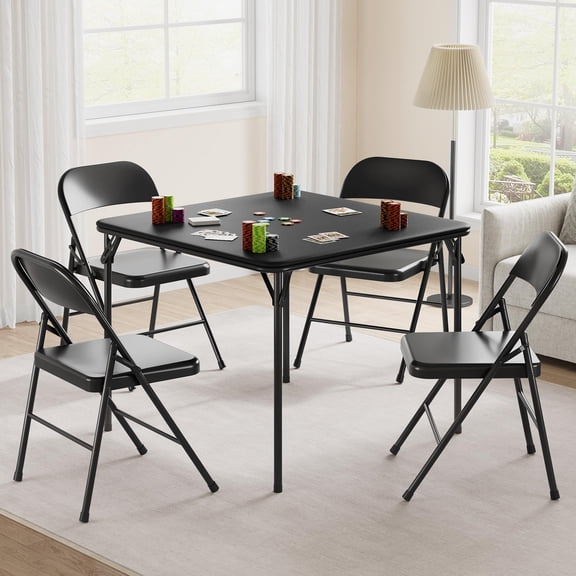 Kojooin Folding Table and Chair Set of 5, 33.6" Portable Square Folding Card Table & 4 Metal Frame PU/Metal Cushion Chairs, for Game Nights & Camping