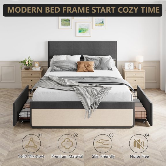 Kojooin Full Size Platform Bed Frame with 2 Drawers & Headboard, Mattress Support with Metal Slats, Solid, Stable, No Box Spring, Easy Assembly, Grey