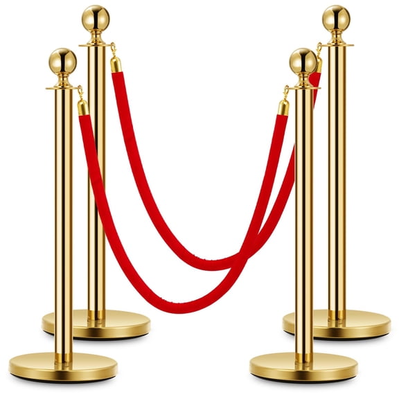 Kojooin Gold Queue Stanchion Set with Red vel-vet Rope, Crowd Control Barrier Posts for Theater, Party, Museum or Event