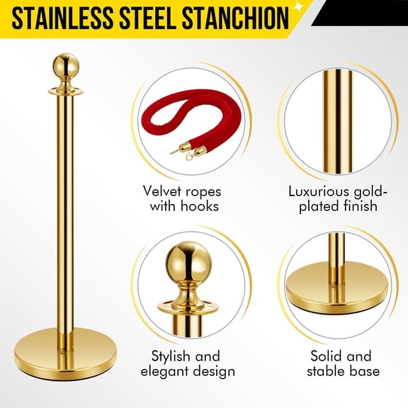 Kojooin Gold Stanchion Post Queue,38 Inch Stanchion Posts Queue with 5 ft Red Velvet Rope,Ropes Safety Barriers Set,Crowd Control Barriers Queue Line Rope for Theater Party Museums