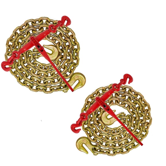 Kojooin Grade 70 Chain Binder Kit – 2 Binders & 2 Chains (3/8" x 10ft) with Grappling Hooks, 3/8"-1/2" Load Binders for Industrial, Farm, Logging, Towing