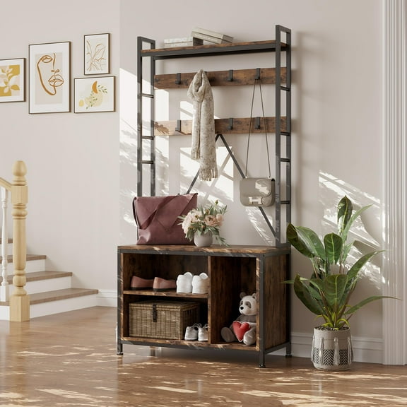 Kojooin Hall Tree with Bench and Coat Rack, 36.41" Entryway Shoe Bench with 17 Hooks, Drawers and Top Shelf, 5-in-1 Freestanding Storage Organizer for Entryway, Mudroom