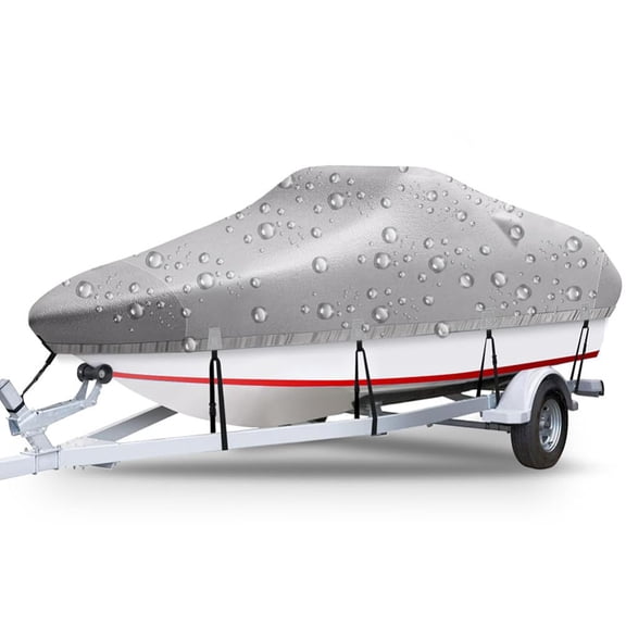 Kojooin Heavy-Duty 420d Oxford Cloth Boat Cover with Storage Bag, Waterproof and Sun-Protective, Towable, Suitable for v-Hulls, Trimarans, Speedboats, Fishing Boats, and Waterskis, Grey