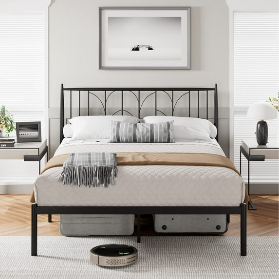 Kojooin Heavy Duty Bed Frame Full Size, Metal Full Size Bed Frame with 12.2" Platform and Headboard, No Box Spring Needed, Metal Slat Support, Noise Free, Black