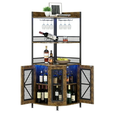 Kojooin Industrial Corner Bar Cabinet with Power Outlet,5-Tiers Wine Cabinet with LED Strip and Glass Holder,Multifunctional Liquor Cabinet
