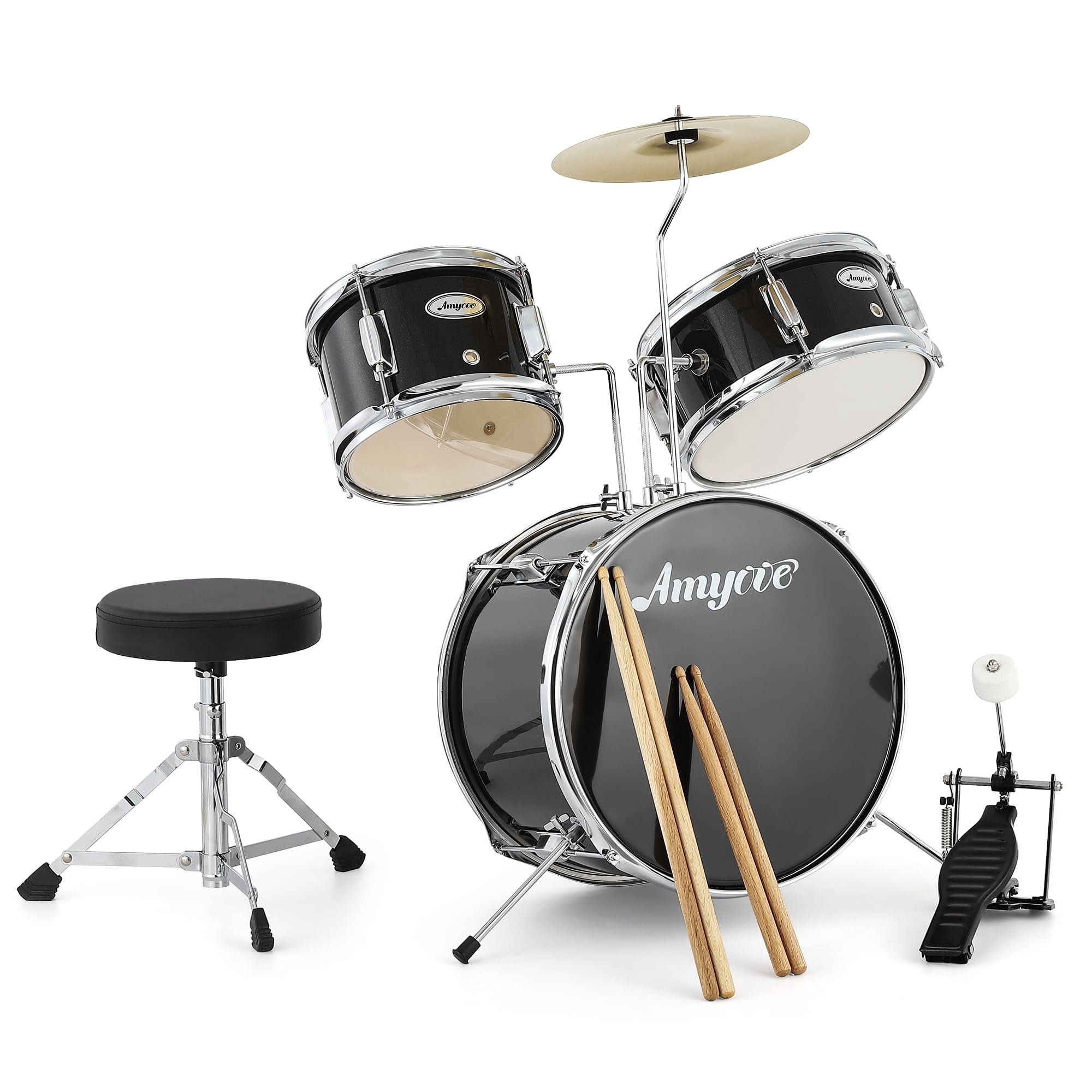 Kojooin Kids Drum Set, 3 Piece Beginner Percussion Kit with Stool, Cymbal, Snare, Toms and Drumsticks