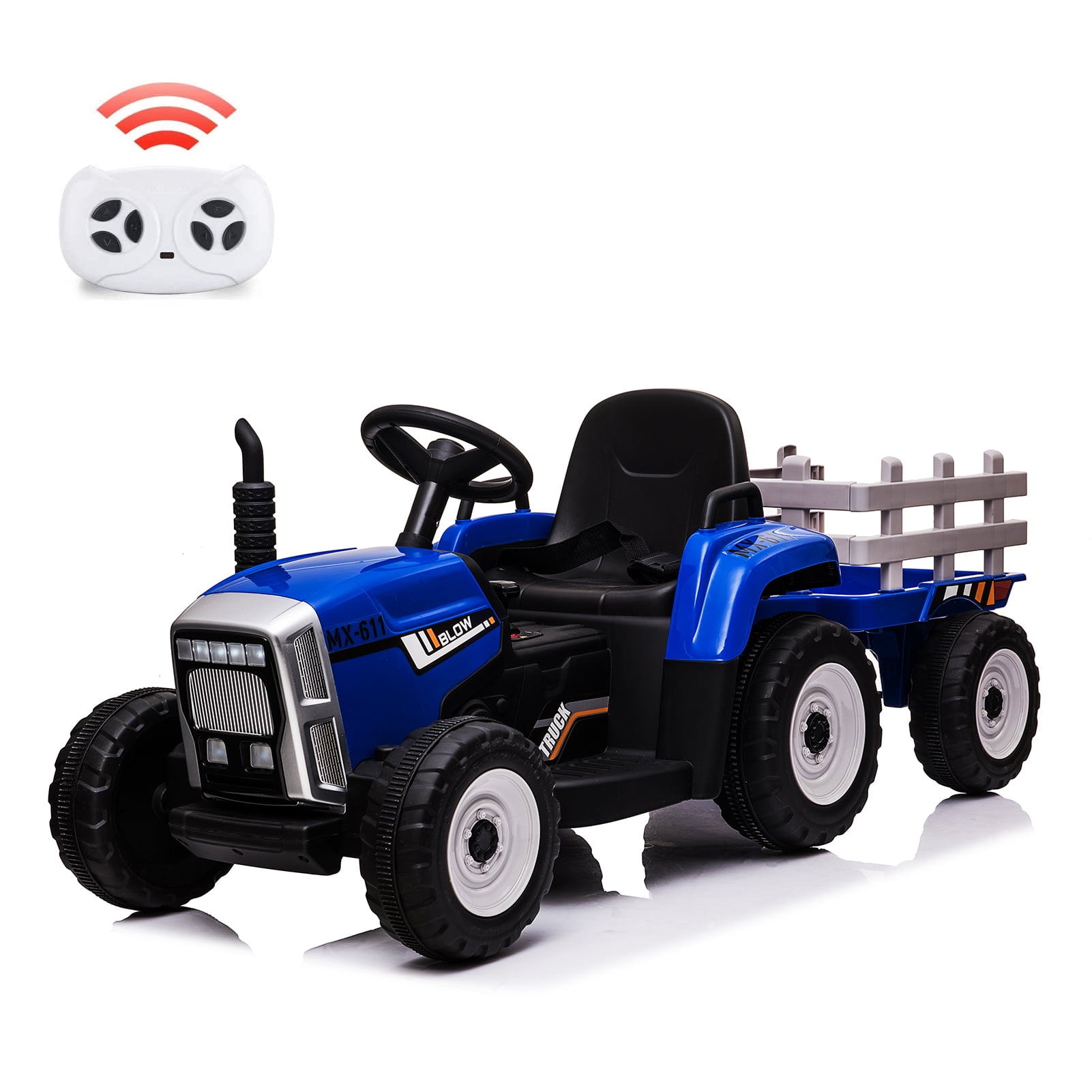 Kojooin Kids Electric Tractor,Toddler Riding Farmer's Cart with Detachable Trailer,with Remote Control,LED Light,USB Port,Blue,35W