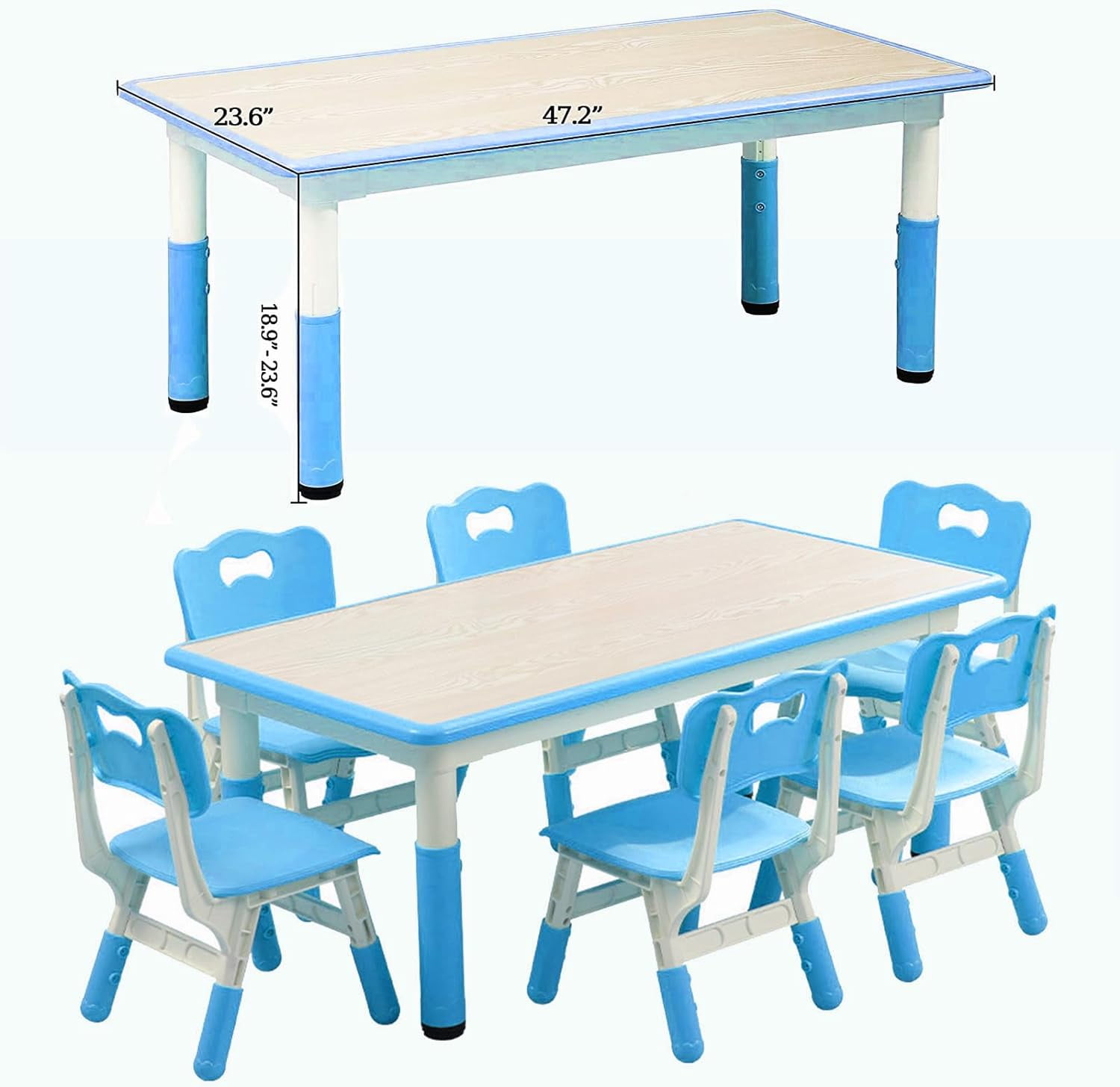 Kojooin Kids Table and Chair Set,Height Adjustable Toddler Arts & Crafts Table and 6 Chair Set for Ages 2-10,Blue