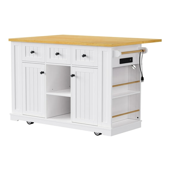 Kojooin Kitchen Island Cart With Drop Leaf, Rolling Kitchen Island On 5 Wheels With Power Outlet 3 Drawers Door Internal Storage Rack For Dining Room