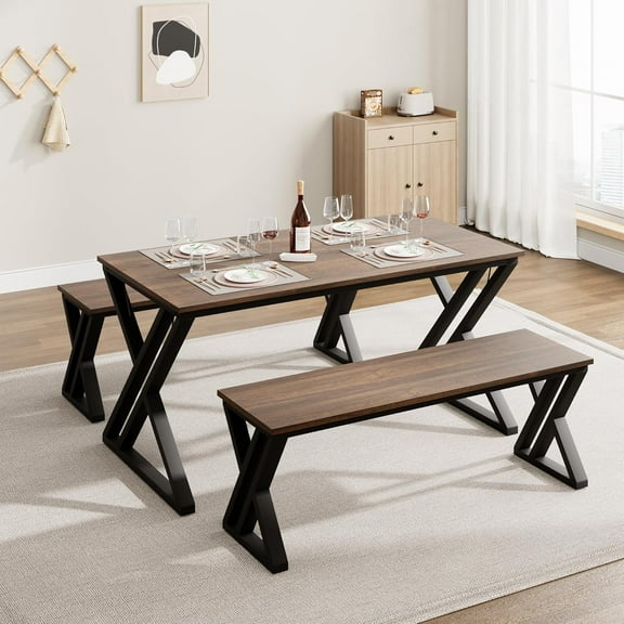Kojooin Kitchen Table with Benches,Dining Table Benches Set for 4-6,with Sturdy Metal Frame,55",Retro Brown