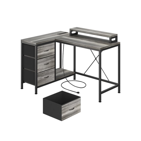 Kojooin L Shaped Desk with Power Outlets & LED Lights, Computer Desk with Drawers & Shelves, Corner Desk Gaming Desk Home Office Desk