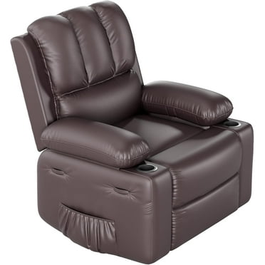 Kojooin Leather Recliner Chair,Manual Rocking Recliner w/Comfortable Arms and Cup Holders,Large 21.2" Seat Width,Brown