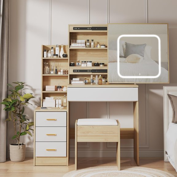 Kojooin Makeup Vanity Desk Natural Dressing Table with Sliding LED Mirror, Power Outlet, 4 Drawers, Shelves & Stool for Bedroom