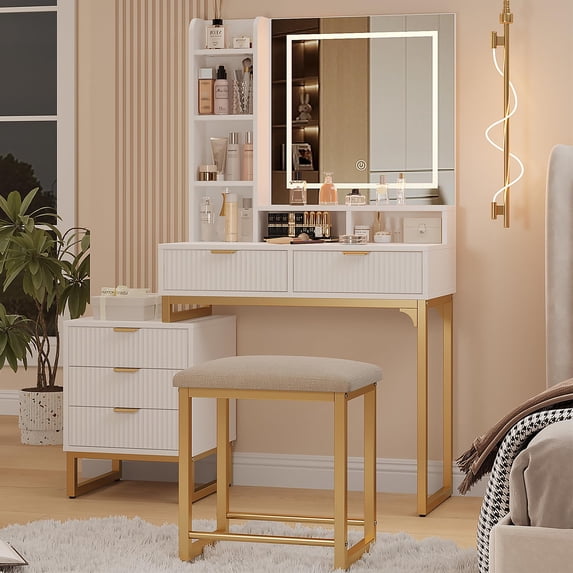 Kojooin Makeup Vanity Desk with Mirror and Lights, Vanity Table with 5 Drawers, Vanity Set with Stool and Removable Side Storage Cabinet for Bedroom