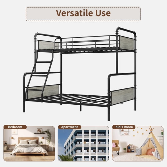 Kojooin Metal Bunk Bed Twin Over Full, Convertible Heavy Duty Industrial Bed Frame with Safety Guard Rails & Ladder, Space-Saving Design for School/Bedroom, No Box Spring Needed, Vintage Brown
