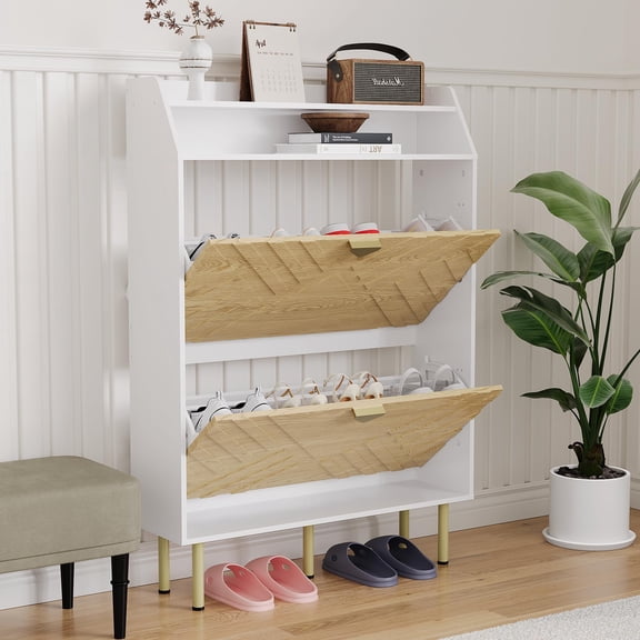 Kojooin Modern, Freestanding Shoe Rack and Storage Unit Is Ideal for Entryways and Living Rooms. It Features Two Flip-Up Drawers, Adjustable Shelves, and An Open Top Shelf