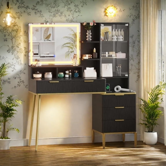 Kojooin Modern Makeup Vanity Desk with HD Lighted Mirror & Power Outlet, Glass Top with Acrylic Door, 5 Drawers & Storage Shelf, Bedroom (Black)