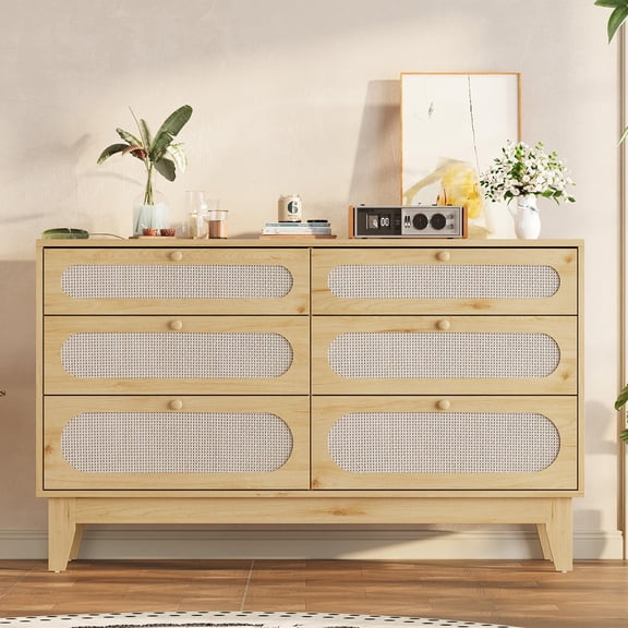 Kojooin Modern Rattan Dressing Table with Six Drawers and Integrated Power Outlets and USB Ports, Suitable for Bedroom Or Wardrobe