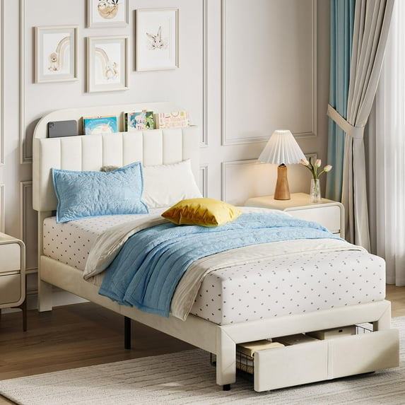 Kojooin Modern Twin Bed Frame with Storage: Velvet Upholstered Platform with Bookcase Headboard and Spacious Under-Bed Drawer