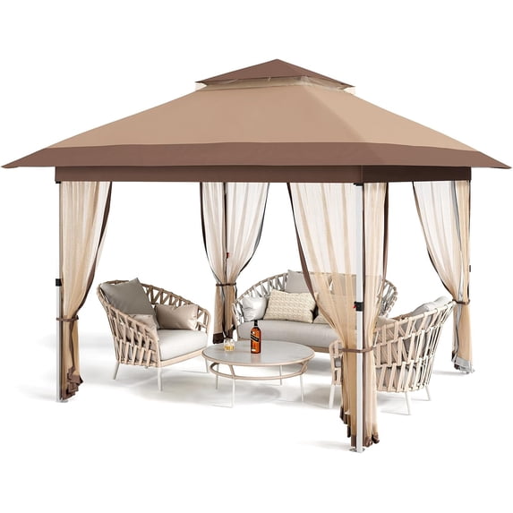 Kojooin Outdoor Pop Up Canopy Tent with Curtains and Mosquito Netting - 2-Tiered Vented Top for Backyard and Events