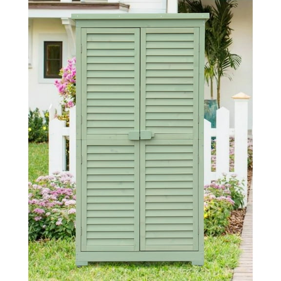Kojooin Outdoor Storage Cabinet, 63" Wooden Garden Organizer Shed with Shelves, Double Doors Lockable Garden Tools Storage Sheds with Waterproof Roof, Outside Tool Shed for Patio Yard Lawn