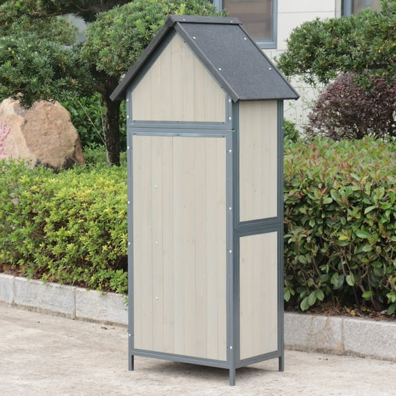 Kojooin Outdoor Storage Shed with Floor,68" Tall Waterproof Wood Garden Shed,Metal Framed Tool Cabinet with Adjustable Shelves, Outside Vertical Tool Shed for Yard Patio Lawn