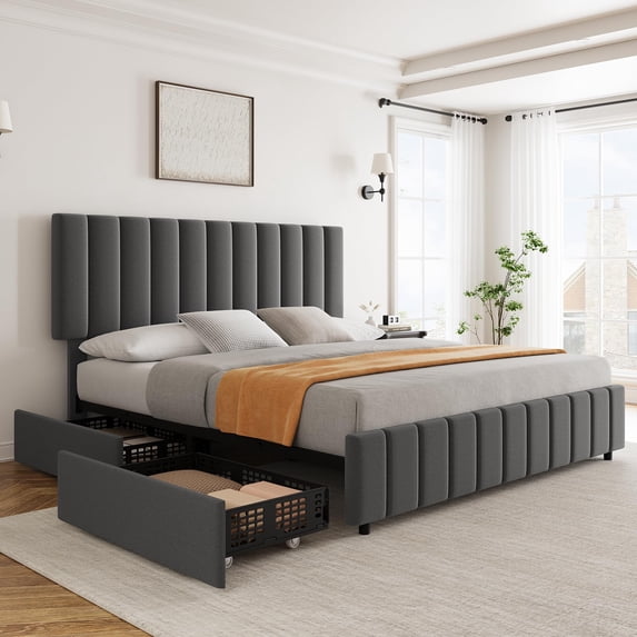 Kojooin Platform Bed Frame with 4 Storage Drawers and Adjustable Headboard, Linen Upholstered, Wooden Slats Support, No Box Spring Needed, Noise Free, Easy Assembly