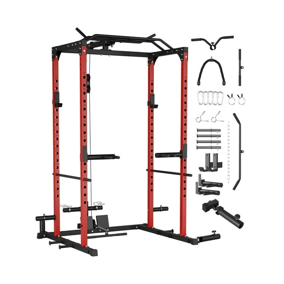 Kojooin Power Cage for Home Gym, Multi-Functional Power Rack with J-Hooks, Dip Handles, Landmine Attachment and Cable Pulley System