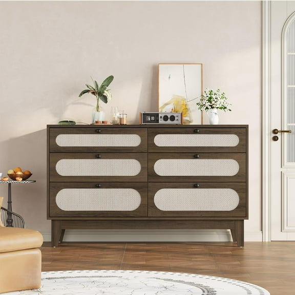 Kojooin Rattan 6 Drawer Dresser, Wood Double Dresser for Bedroom，52.1" L*15.7”W*31.2”H, Drawers in 3 Sizes, Frame Legs