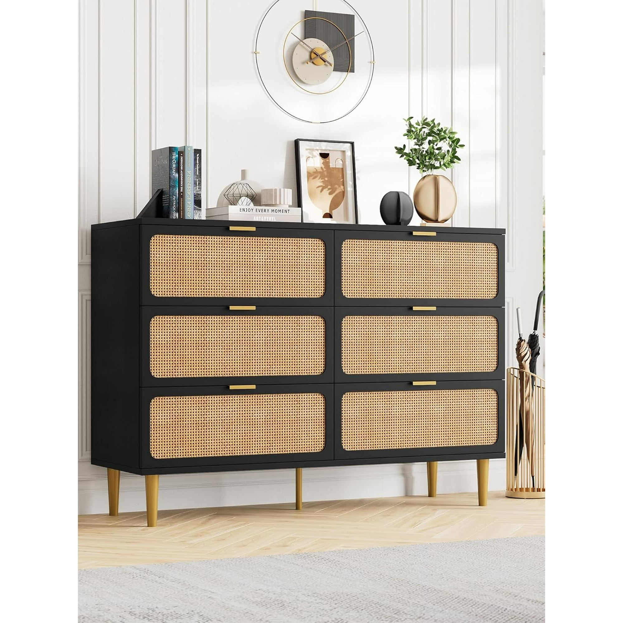 Black Double Dresser with Rattan Accents and Deep Drawers