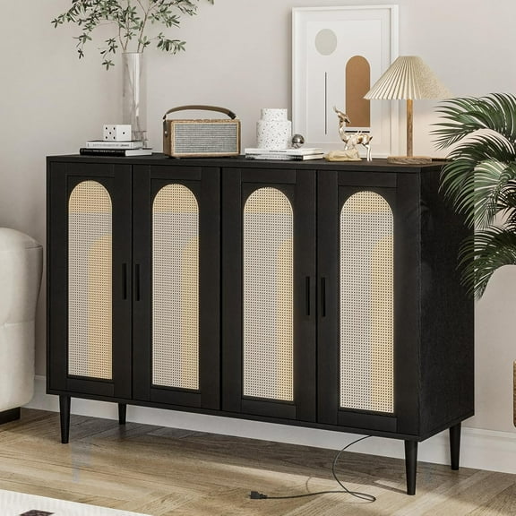 Kojooin Rattan Sideboard Buffet Cabinet with Power Outlet & 4 Doors