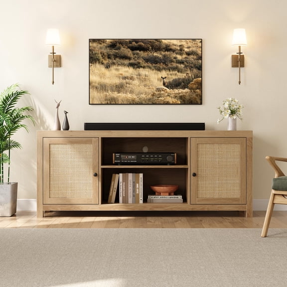 Kojooin Rattan Tv Stand, Made Of Natural Oak, Features Adjustable Shelves, a Bohemian Style, and Double-Layer Storage Space, Perfect for a 65-Inch Tv. Ideal for Living Rooms and Bedrooms