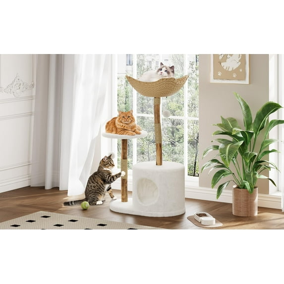 Kojooin Real Wood Modern Cat Tree Tower, Cat Scratching Post with Bed for Indoor Cats with Natural Wicker Condo, Aesthetic Tree Stand, Boho Luxury Pet Furniture