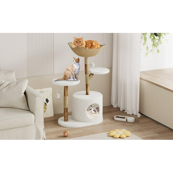 Kojooin Real Wood Modern Cat Tree Tower, Cat Scratching Post with Bed for Indoor Cats with Natural Wicker Condo, Aesthetic Tree Stand, Boho Luxury Pet Furniture