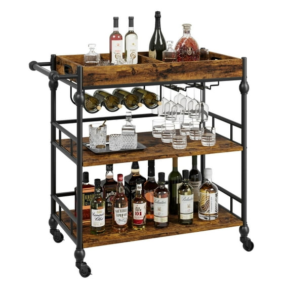 Kojooin Rolling Bar Cart – 3-Tier Serving Cart with Wine Rack, Glass Holder & Kitchen Shelf, Mobile Drink Cart for Home, Dining, and Entertaining