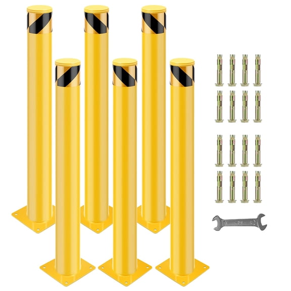 Kojooin Safety Bollards, 4.5-Inch Diameter, Powder-Coated Steel Bollards, with Wrench, Positioning Plate and 16 Anchor Bolts, for Traffic Control, Driveway Guardrails, Parking Barriers (4-Pack)