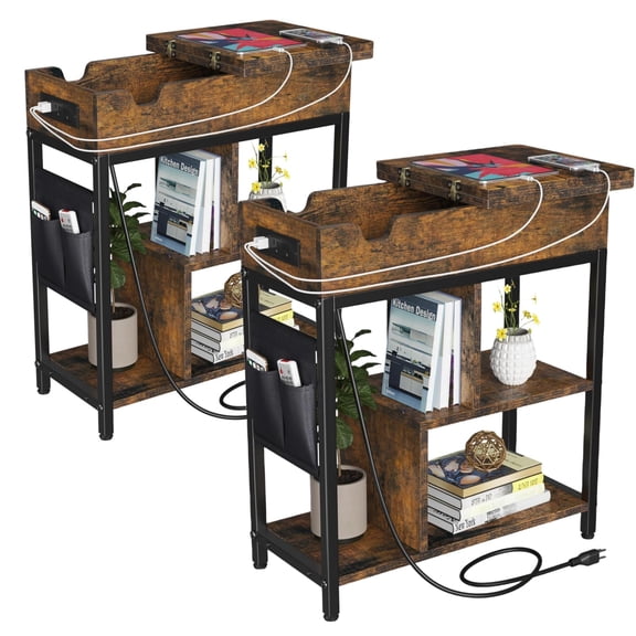 Kojooin Side Table with a Built-In Charging Station, a Retro Brown Flip-Top Side Table with USB Ports and Sockets, a Narrow Bedside Table with Storage Shelves, Suitable for Small Spaces