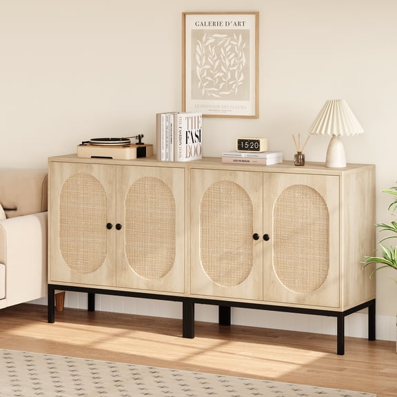 Kojooin Sideboard Buffet Cabinet,Rattan Storage Cabinet with Adjustable Shelves,Small Wood Console Cabinet with 2-Tier Storage,Natural