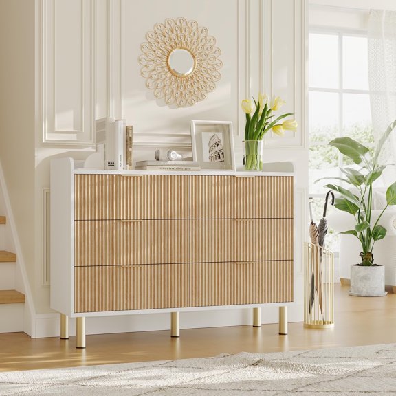 Kojooin Six-Drawer Recessed Wooden Chest Of Drawers, 47.2 Inches Wide, with Metal Handles and a Curved Design, Suitable for Bedroom Or Living Room Storage