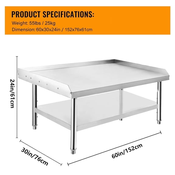 Kojooin Stainless Steel Grill Stand Table,60"x30",1500 Lbs Load Rating,Antimicrobial Surface,3" Curved Edge