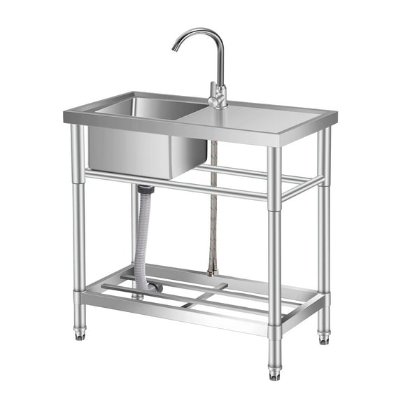 Kojooin Stainless Steel Utility Sink, 30" Free Standing Single Bowl Commercial Kitchen Sink with Cold and Hot Water Pipes for Laundry Room Bathroom Farmhouse