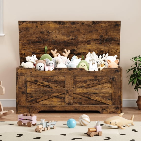 Kojooin Storage Chest, 39.4" Toy Chest for Boys Girls, Kids Wood Large Toy Box, Storage Bench with Safety Hinge, Farmhouse Storage Trunk for Entryway, Living Room, Bedroom, Playroom