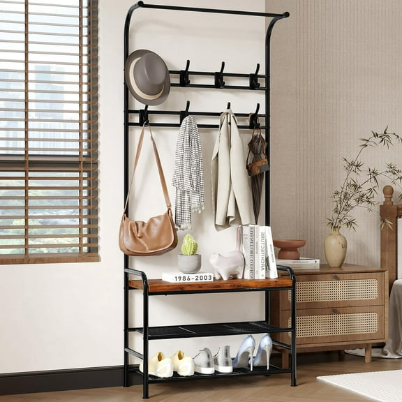 Kojooin Sunvasagoo Coat Rack, 3-In-1 Hall Tree Shoe Rack for Entryway, Coat Tree With Storage Shelf, and 8 Hooks Removable, Entryway Furniture, Multifunctional Hallway Organizer