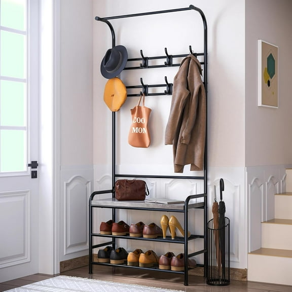 Kojooin Sunvasagoo Coat Rack, 3-In-1 Hall Tree Shoe Rack for Entryway, Coat Tree With Storage Shelf, and 8 Hooks Removable, Entryway Furniture, Multifunctional Hallway Organizer