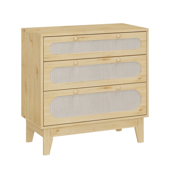 Kojooin Three-Drawer Rattan Dressing Table, a Small Bohemian-Style Bedside Table with Handles and Wooden Legs, Suitable for a Bedroom Or Living Room