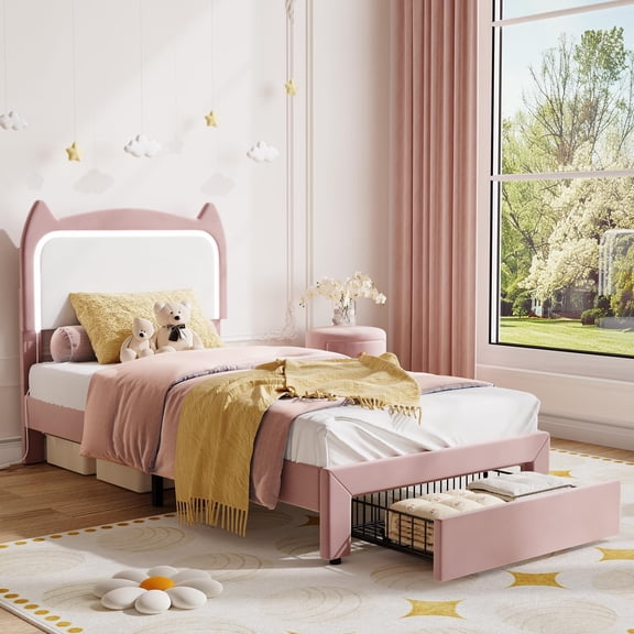 Kojooin Twin Bed Frame with Storage Drawer, Cat Headboard, RGB LED Lights and Strong Wood Slat Support, No Box Spring